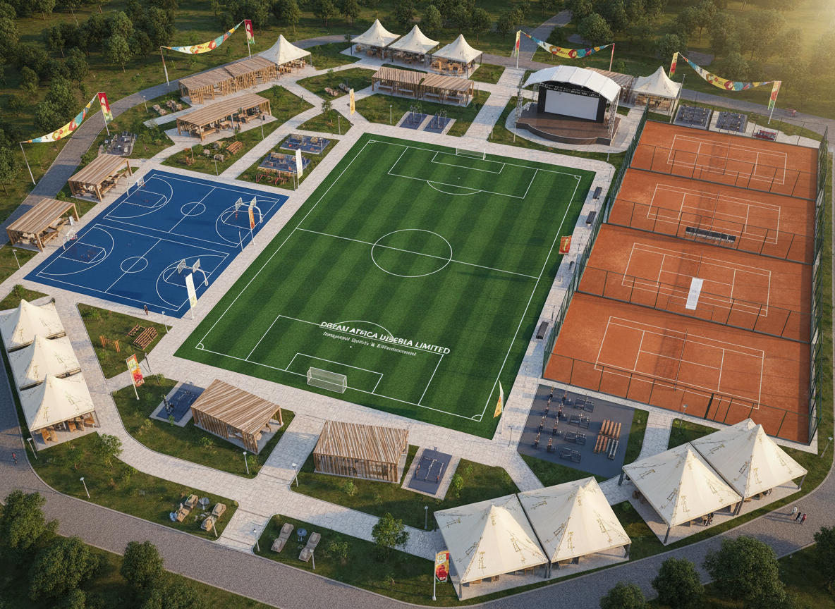 Overhead view of an open-air multi-sport and entertainment complex in West Africa