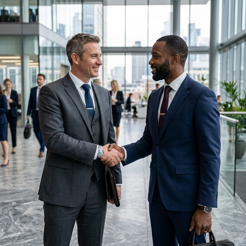 Two businessmen in suits shaking hands in an office lobby